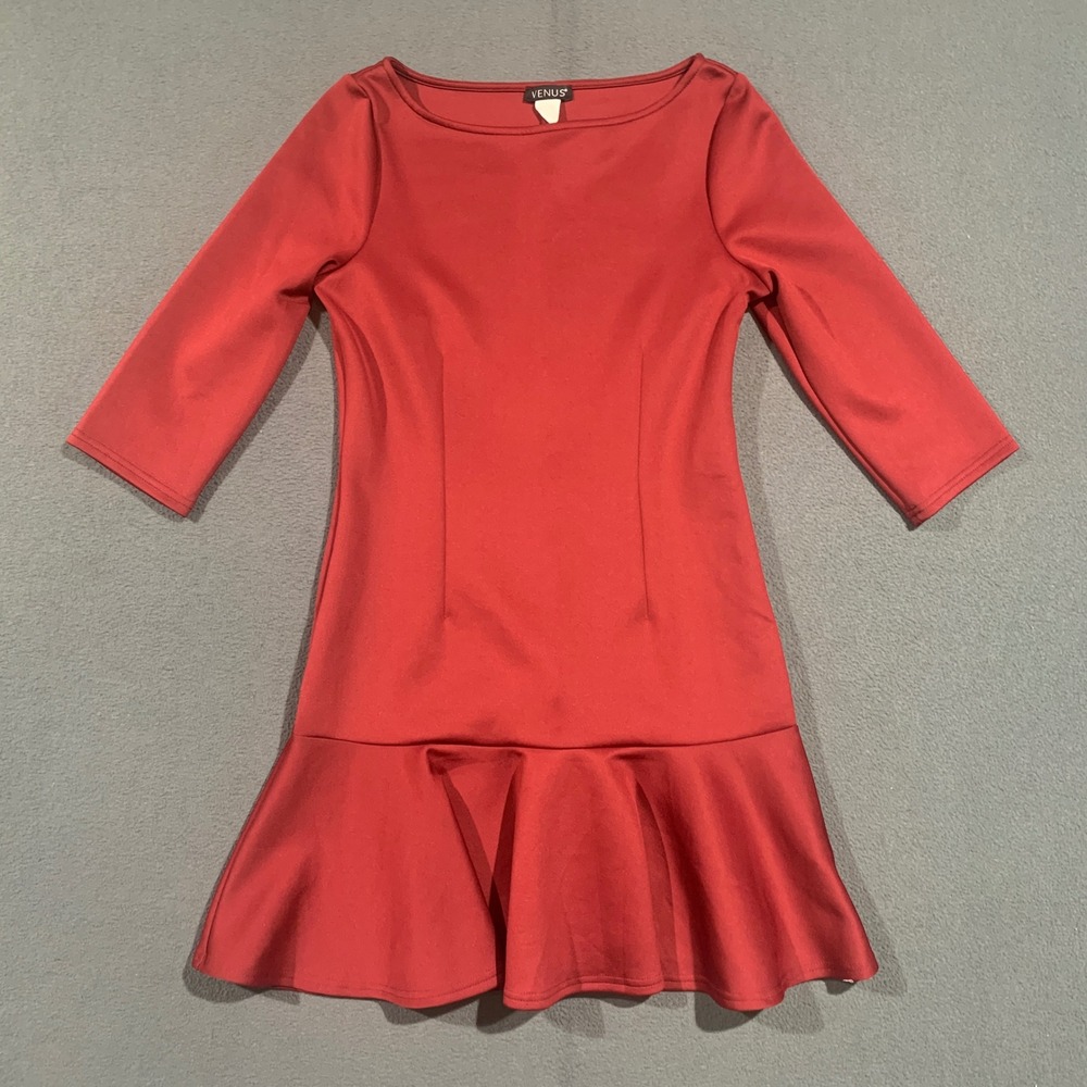 Venus Red Drop Waist Peplum Mini Dress 3/4 Sleeve‎ Boat Neck Size M 6-42123